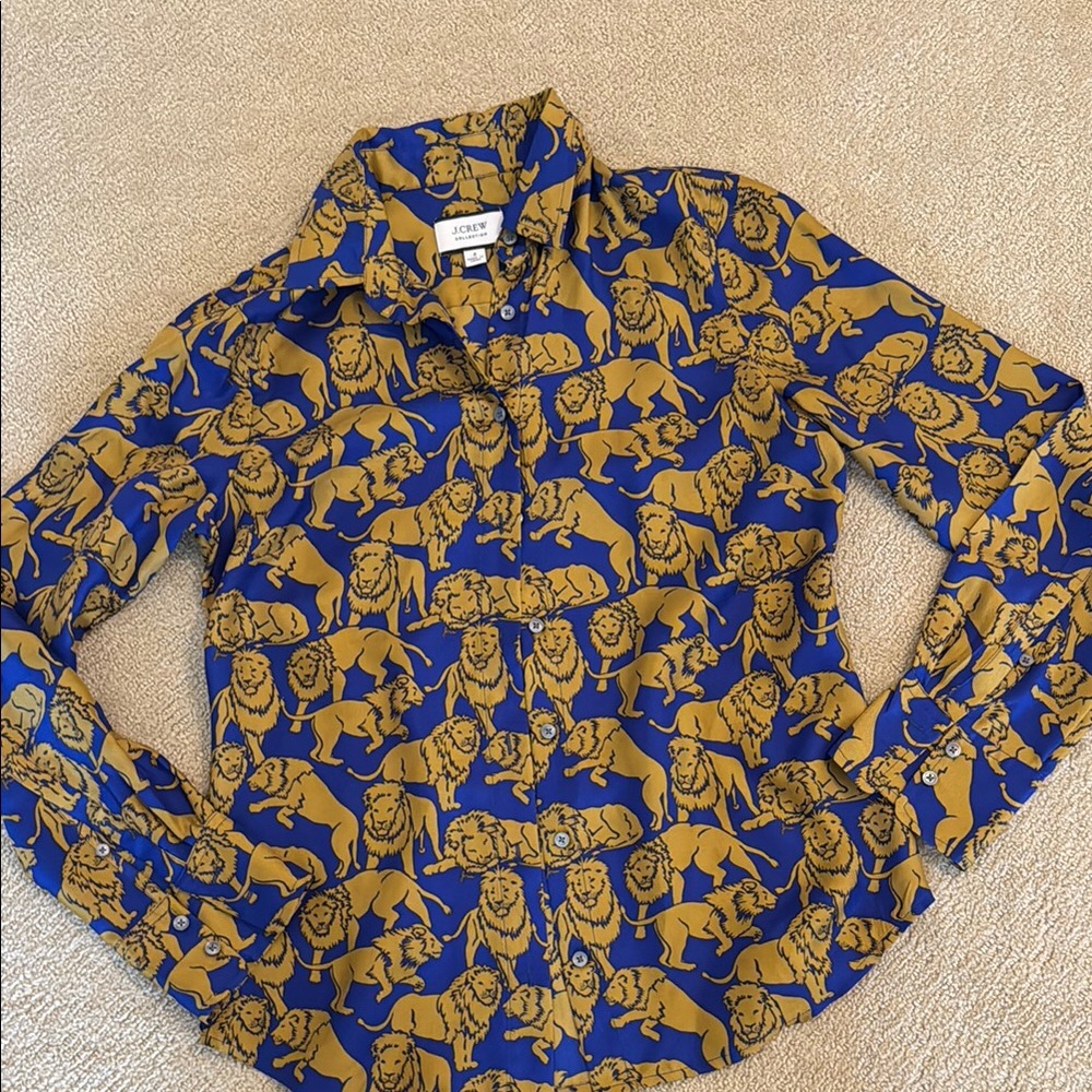 J. Crew Collection silk Blue and Gold Lion Print Button Down Shirt